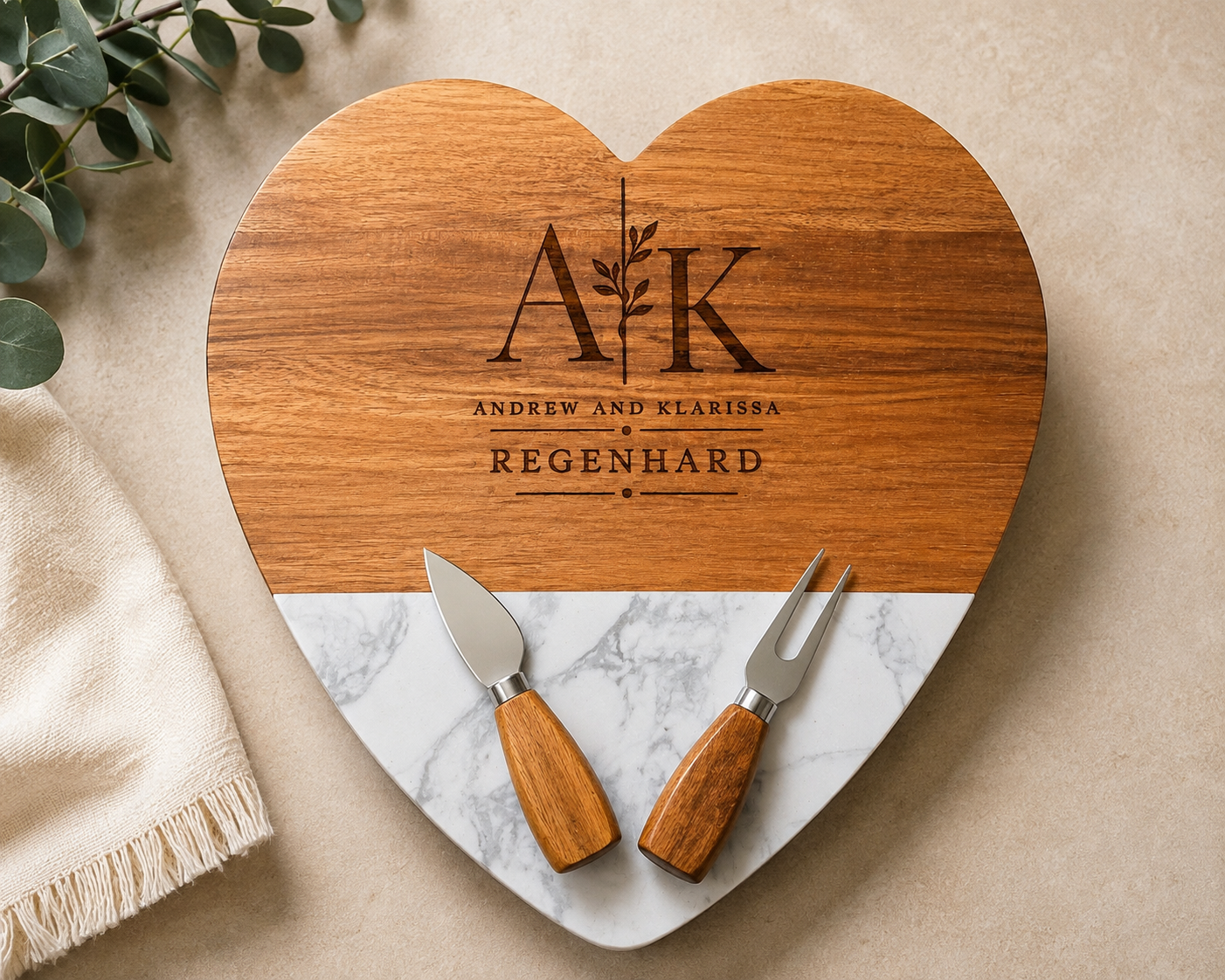 Personalized Heart-Shaped Charcuterie Board with Cheese Knife Set