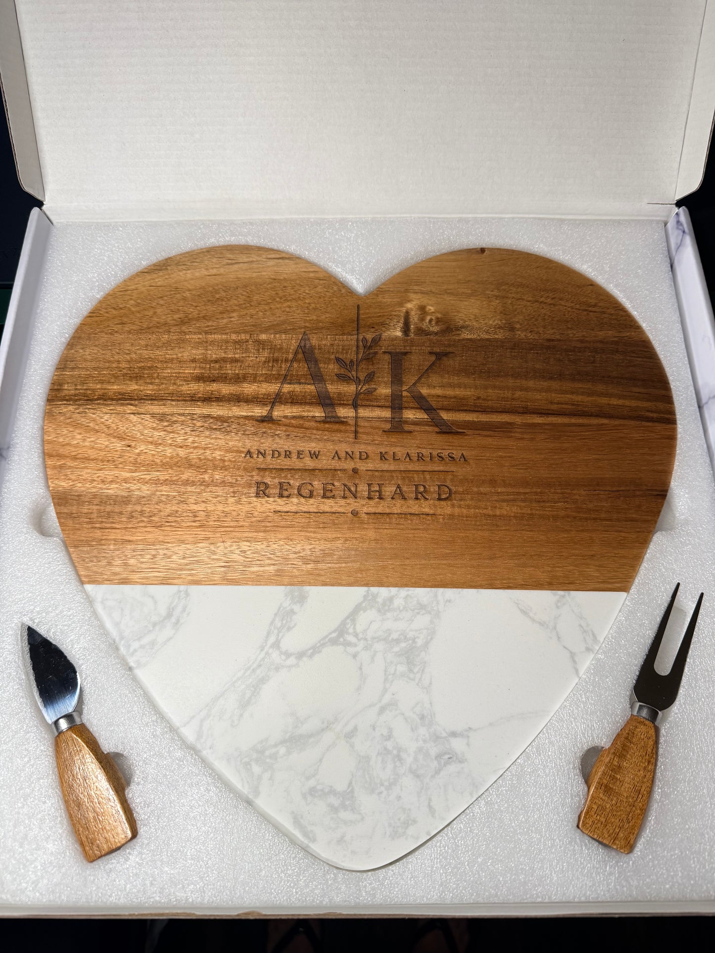 Personalized Heart-Shaped Charcuterie Board with Cheese Knife Set