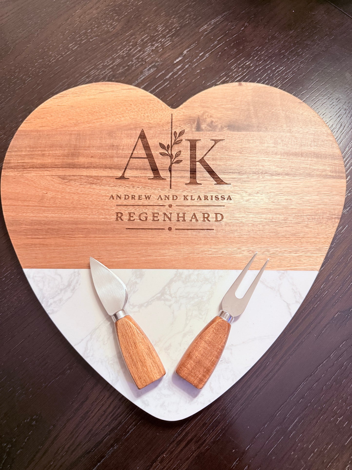 Personalized Heart-Shaped Charcuterie Board with Cheese Knife Set