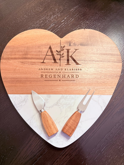 Personalized Heart-Shaped Charcuterie Board with Cheese Knife Set